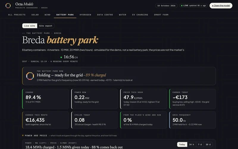 The battery park&rsquo;s own dashboard: its live figures, alarms, power and energy