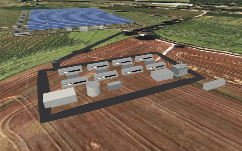 The battery park at Breda: eight containers with their charge gauges, the inverter skids, the transformer and the control room in their fenced yard, the solar plant behind