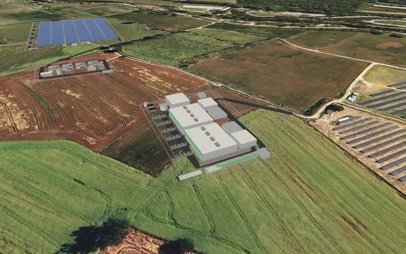 The data centre at Breda: two data halls, the operations building, the coolers and the fuel cells inside their fences, the fields around