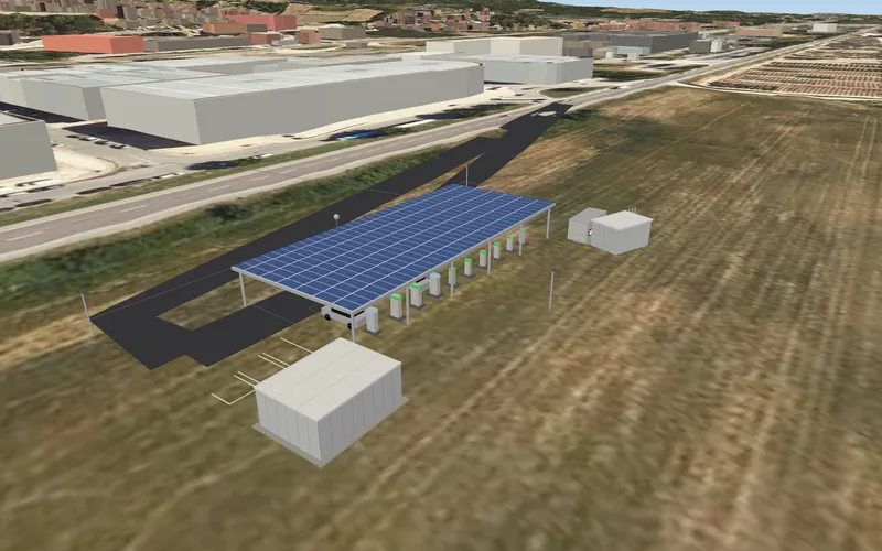 The EV charging hub beside the C-35 at Breda: ten bays under a blue solar canopy, the chargers, the buffer battery and the drivers’ rest room