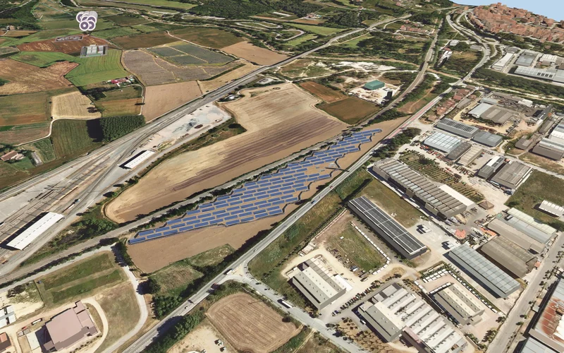 The solar plant at Breda in 3D on the aerial photo: 18 rows of blue panel tables facing south, laid inside one land parcel of the land registry, each row as long as the parcel allows