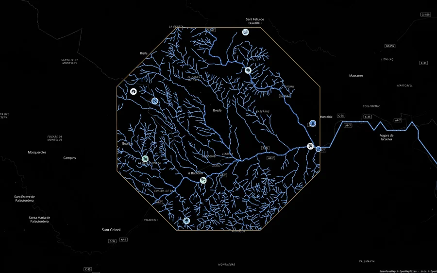 The 2D map of Surface Water at Breda–Montseny: the octagon, its streams, and the Tordera leaving for the sea