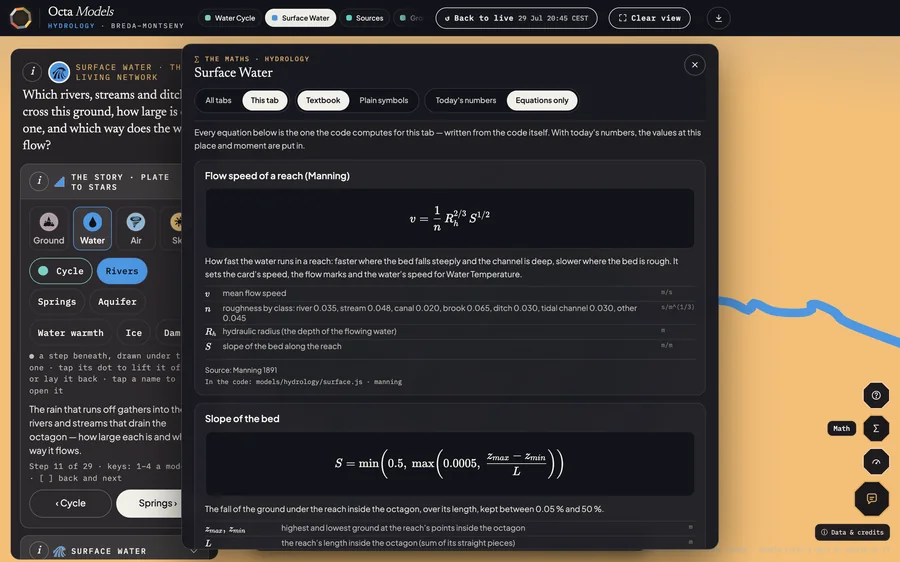 The ∑ Math panel of Surface Water: Manning's formula and the slope of the bed, with their symbols and sources